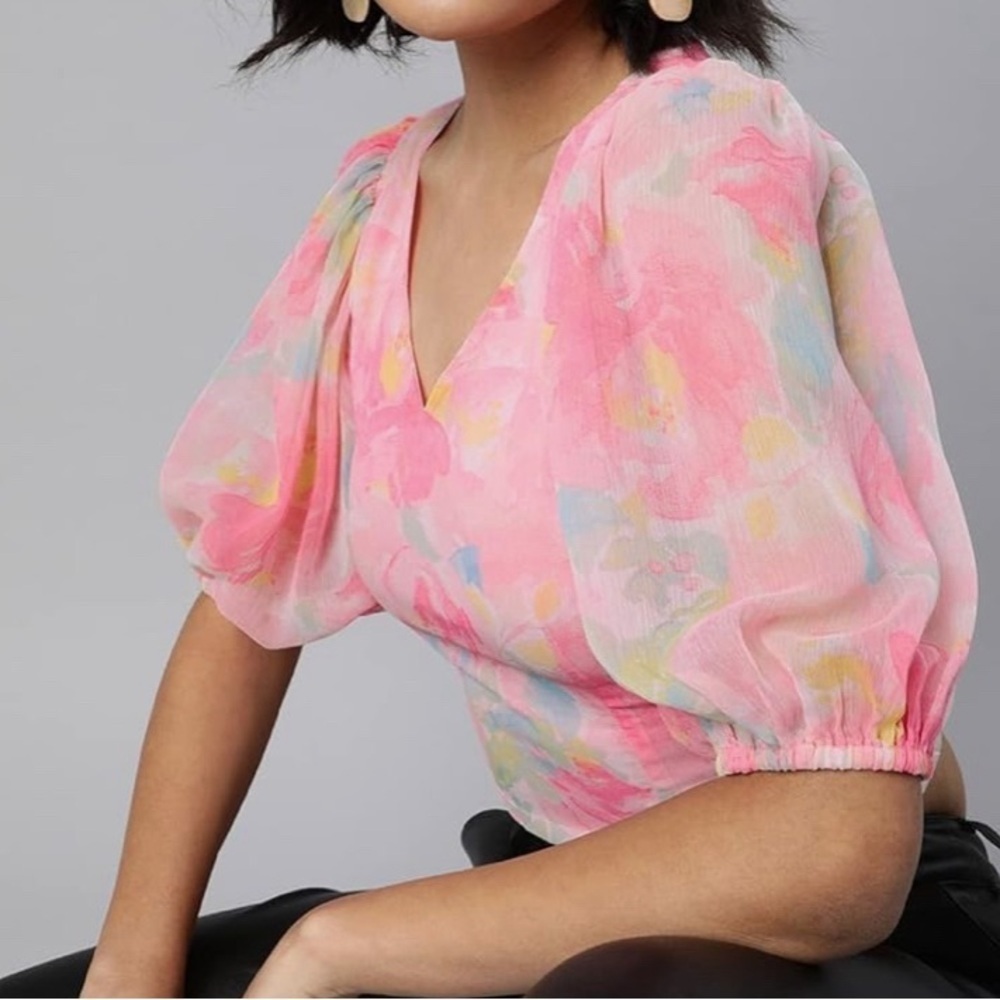 Pink Feminine Puff Sleeve V Neck Floral Blouse